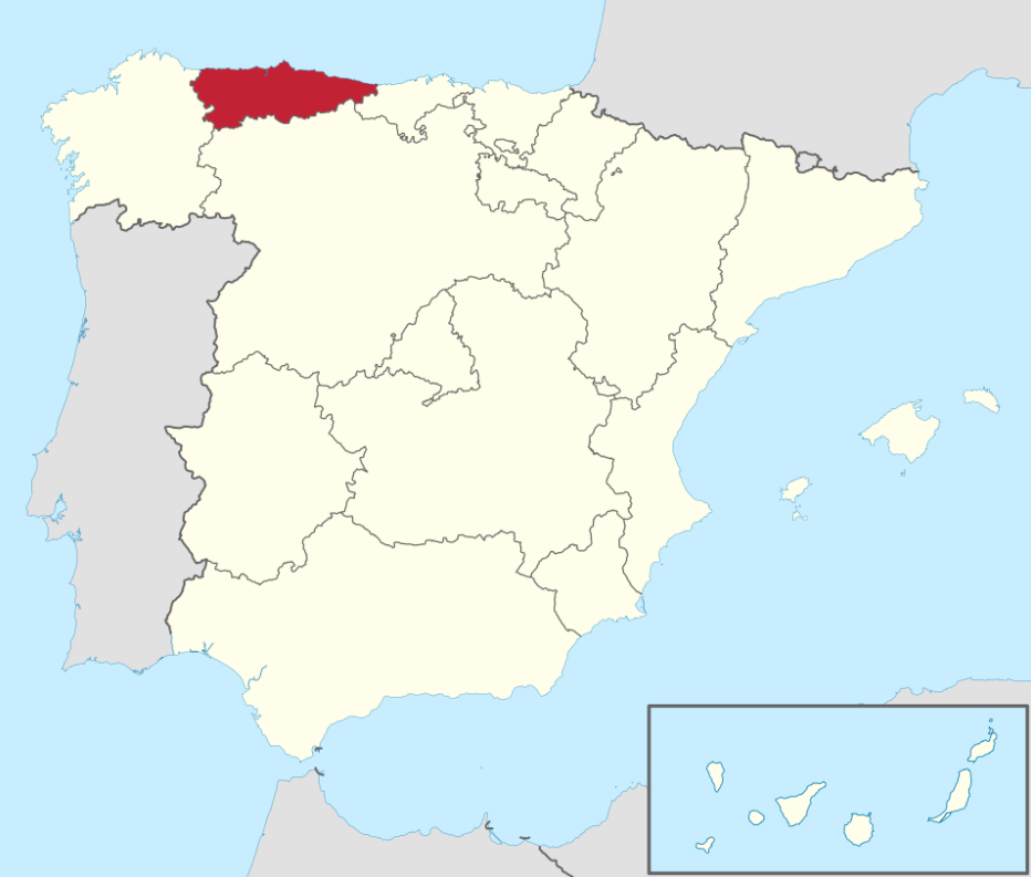 Mapa de España en el que se ve la dimensión del territorio asturiano