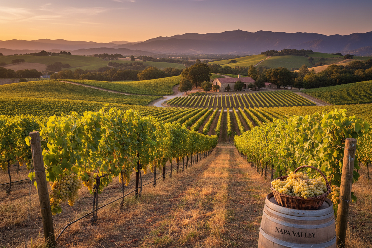 Viñedo de Napa Valley con uvas blancas
