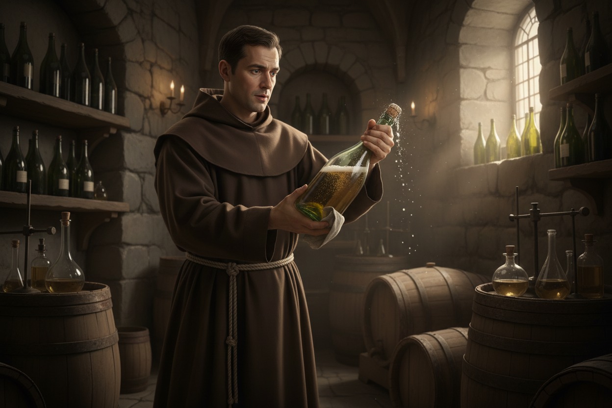 monje del siglo XVII elaborando un vino espumoso en la epoca