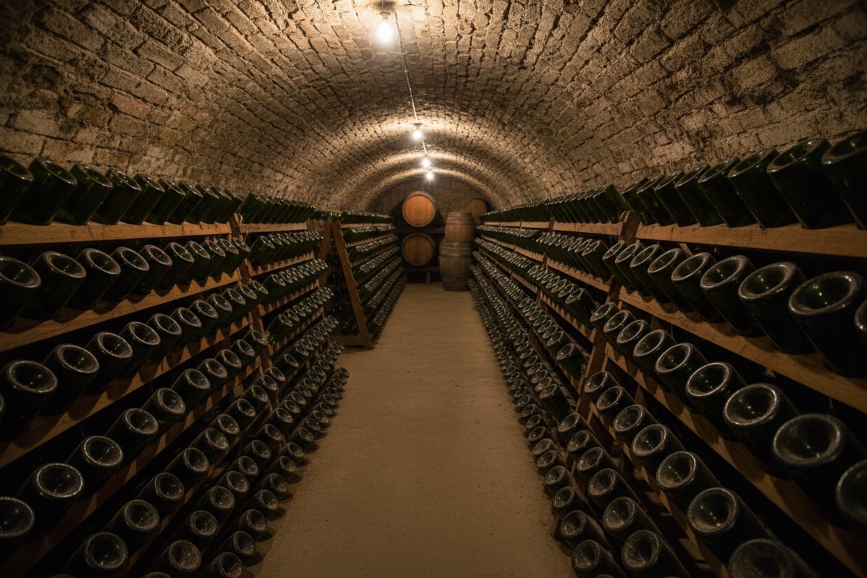 cava de vinos espumosos de calidad en sus pupitres