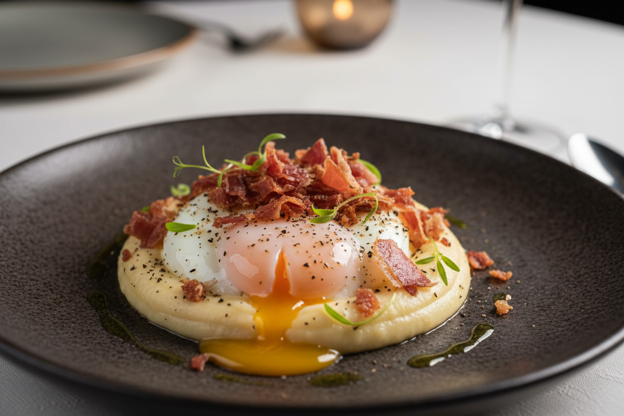 Huevo a baja temperatura con crema de patata trufada y crujiente de jamón