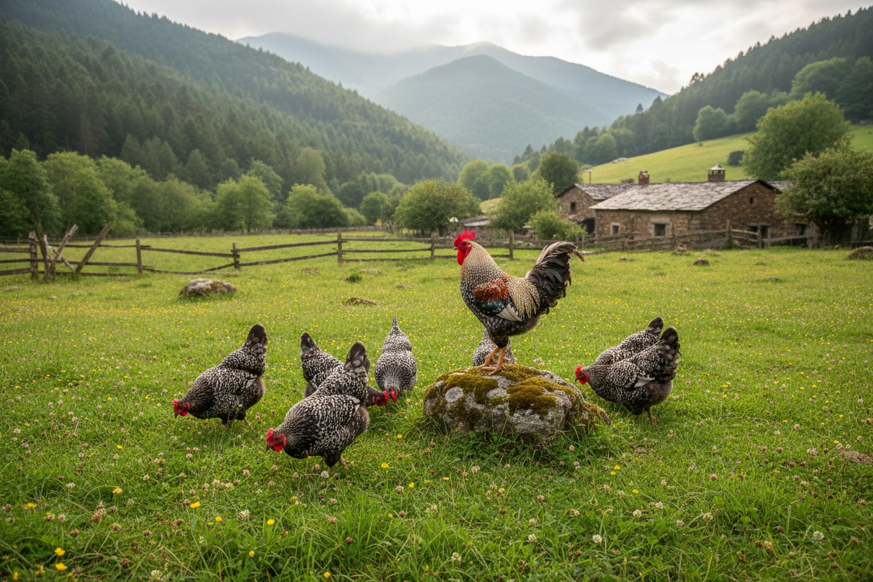 gallinas comiendo en Libertad en un valle asturiano