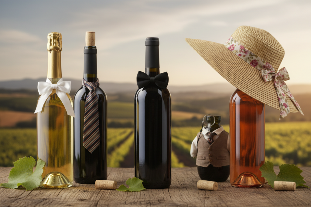 botellas de vino vestidas como personas el vino de moda