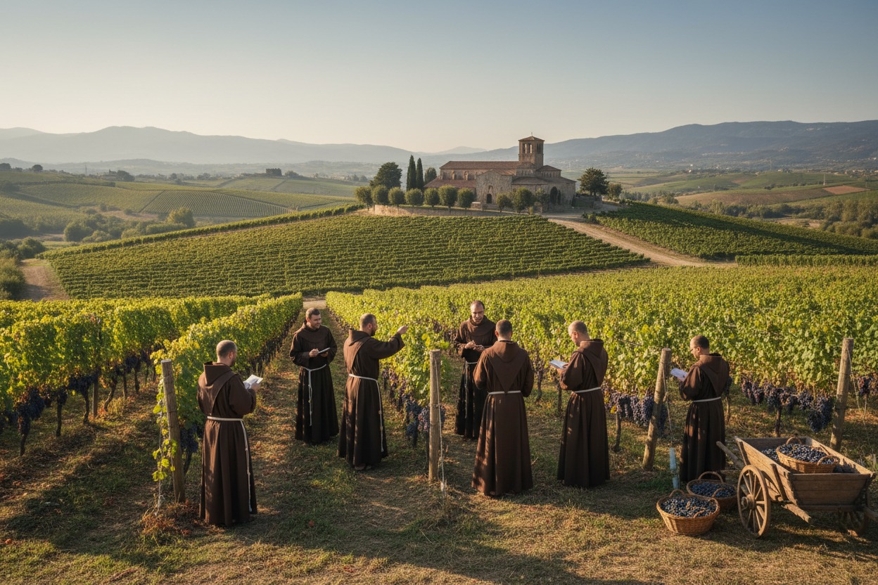 monjes revisando cuidadosamente y al detalle un viñedo en la francia del siglo pasado